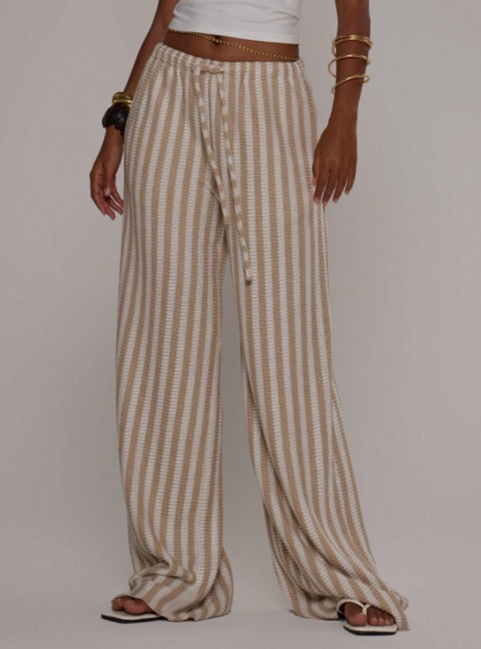 Musera Women Drawstring Crochet Knit Striped Wide Leg Pants Size XL Beige White